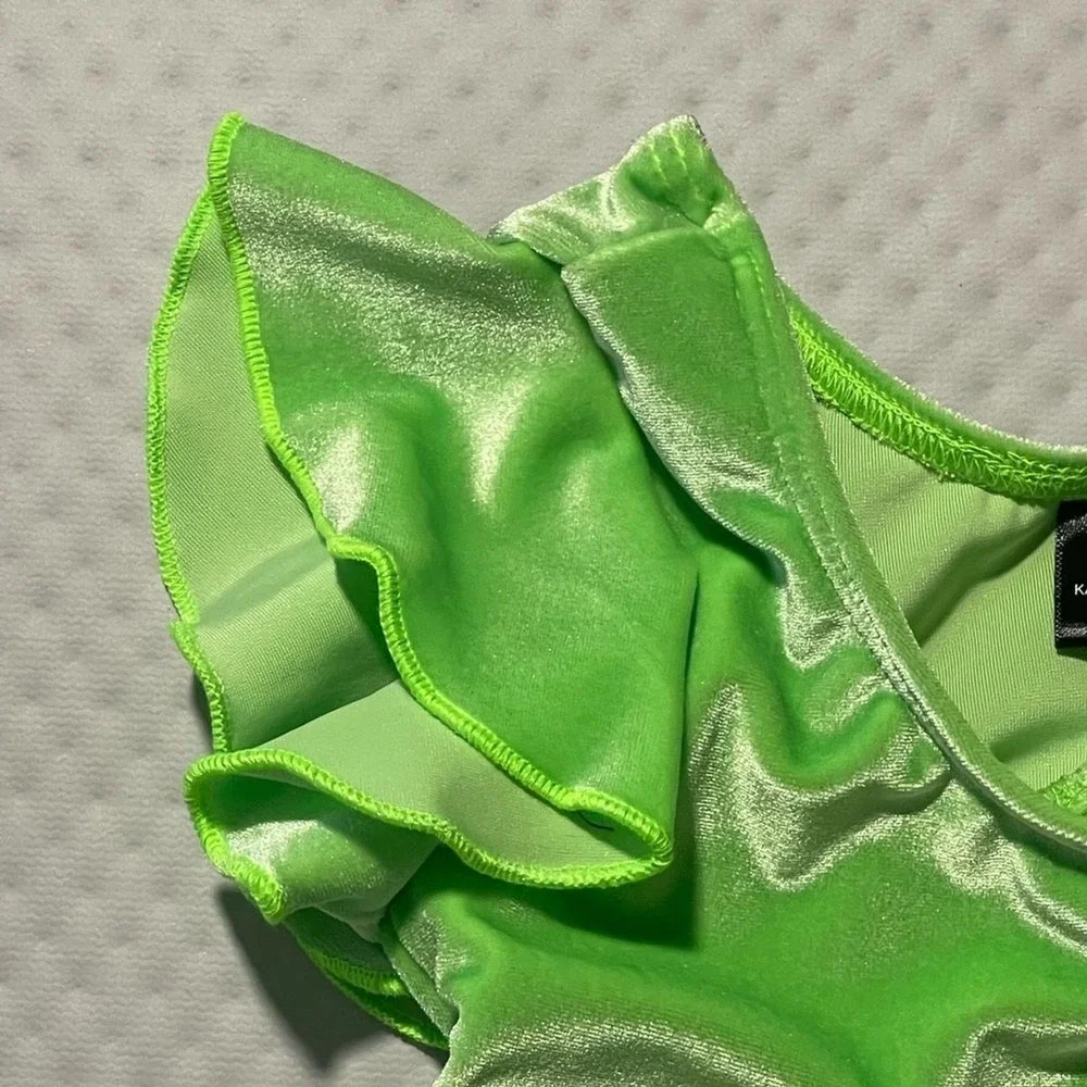 Kandi Kouture Neon Green Velvet Ruffle Peplum Dance Top Child Medium child CM